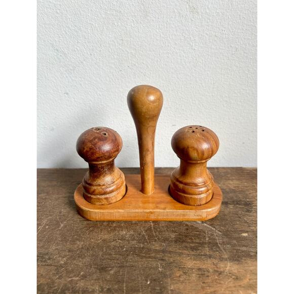 Vintage Spanish Wooden Salt & Pepper Shakers and Stand, Set of 3 - Picture 3 of 7